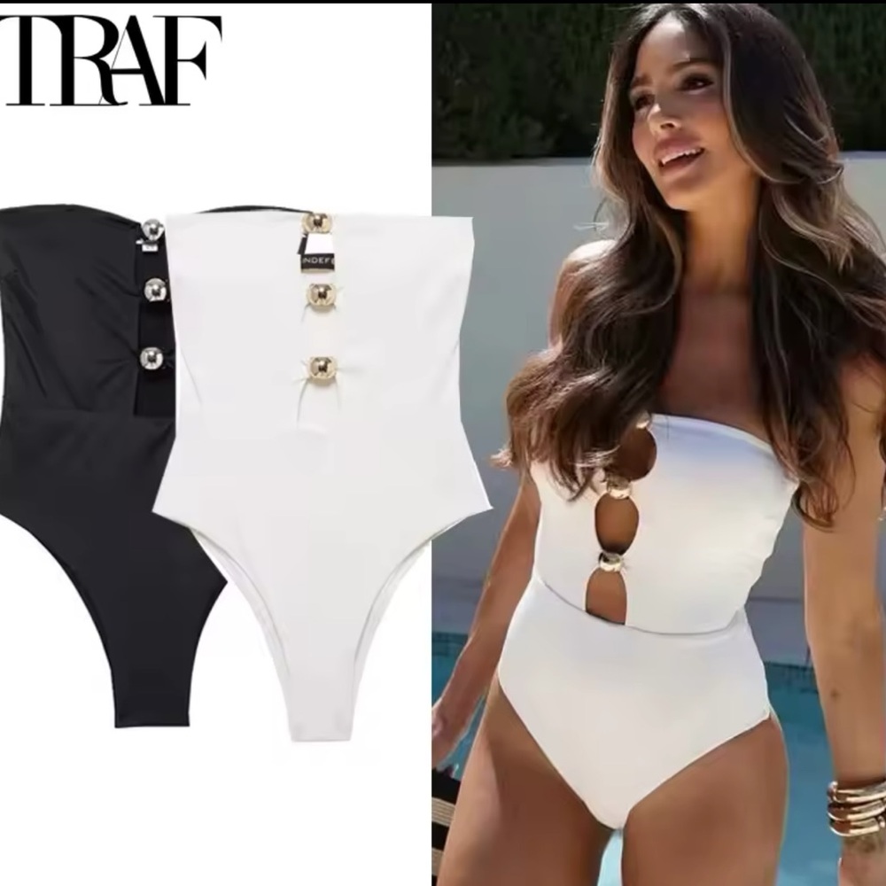 Swimsuit One Piece Back Bodycon Swimwear Black and gold rings Strapless Swimsuit - Picture 3 of 3